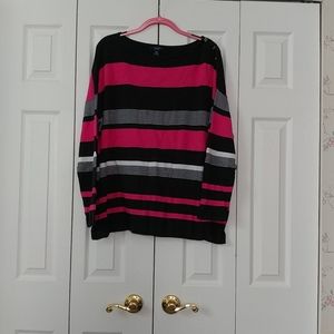 Sweater. Navy, pink and white horizontal stripes.